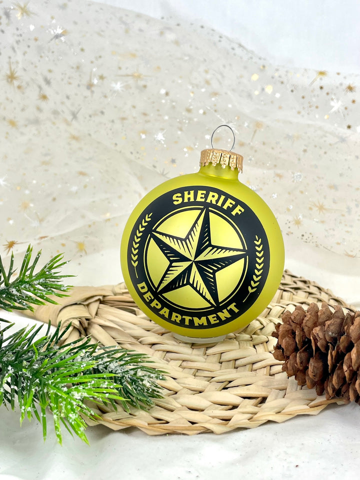 Christmas Tree Ornaments - 80mm / 3.25" Decorated Collectible Glass Balls from Christmas by Krebs - Handmade Hanging Holiday Decorations for Trees (Sherriff Logo on Gold Velvet)