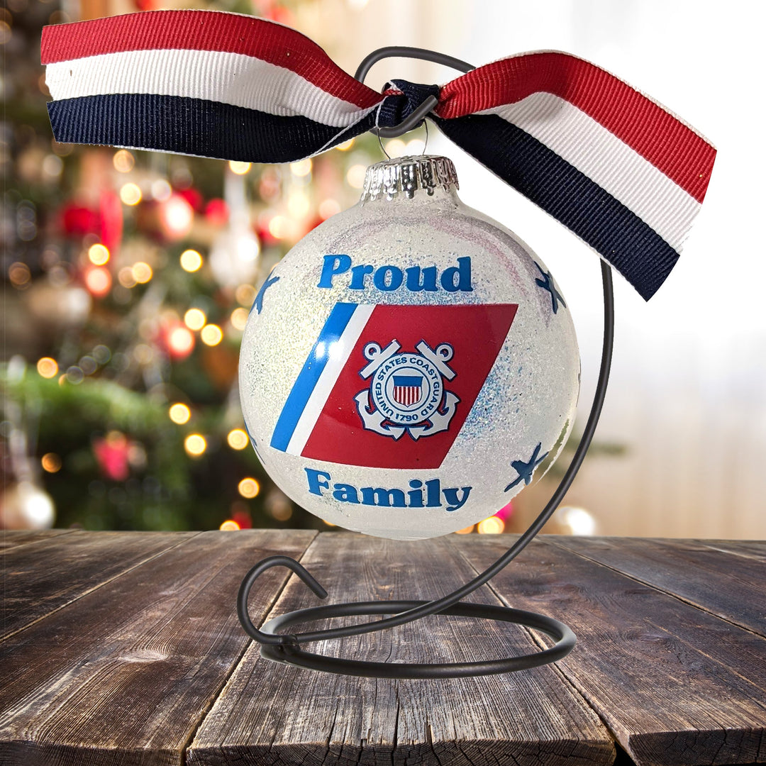 Christmas Tree Ornaments Made in the USA - 80mm / 3.25" Decorated Collectible Glass Balls from Christmas by Krebs - Handmade Hanging Holiday Decoration for Trees (HUGS Proud Coast Guard Family)