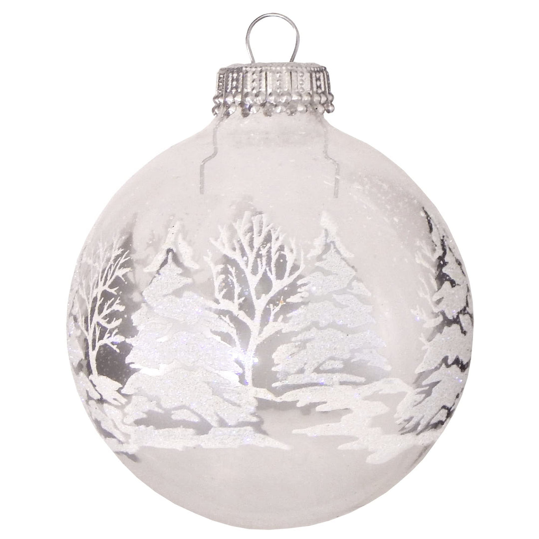 Glass Christmas Tree Ornaments - 67mm/2.63" [4 Pieces] Decorated Balls from Christmas by Krebs Seamless Hanging Holiday Decor (Clear with Silver and White Trees)