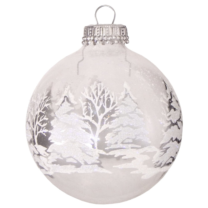 Glass Christmas Tree Ornaments - 67mm/2.63" [4 Pieces] Decorated Balls from Christmas by Krebs Seamless Hanging Holiday Decor (Clear with Silver and White Trees)