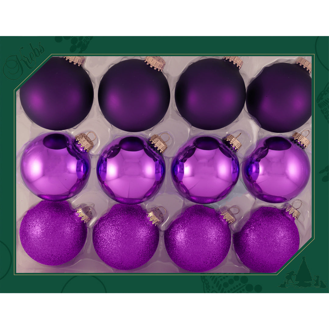 Glass Christmas Tree Ornaments - 67mm/2.63" Designer Balls from Christmas by Krebs - Seamless Hanging Holiday Decorations for Trees - Set of 12 Ornaments (Shiny, Velvet and Glitter Purple)