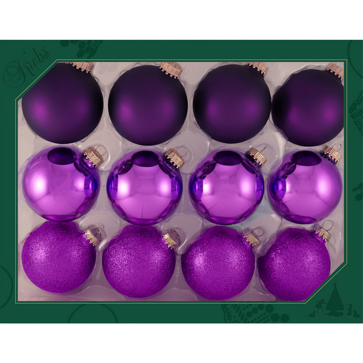 Glass Christmas Tree Ornaments - 67mm/2.63" Designer Balls from Christmas by Krebs - Seamless Hanging Holiday Decorations for Trees - Set of 12 Ornaments (Shiny, Velvet and Glitter Purple)