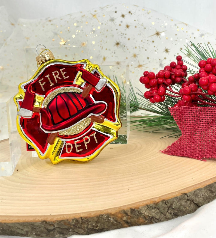 Christmas By Krebs Blown Glass  Collectible Tree Ornaments  (4" Fireman's Badge)