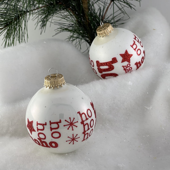 Glass Christmas Tree Ornaments - 67mm/2.63" [4 Pieces] Decorated Balls from Christmas by Krebs Seamless Hanging Holiday Decor (Porcelain White with Ho Ho Ho)