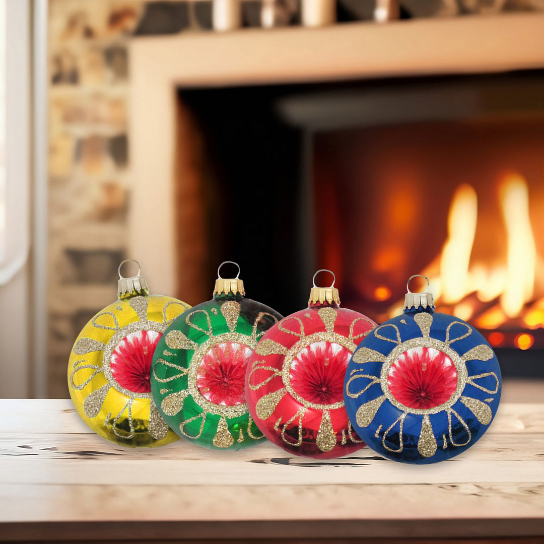 Glass Christmas Tree Ornaments - 67mm/2.63" [4 Pieces] Decorated Balls from Christmas by Krebs Seamless Hanging Holiday Decor (Red, Gold, Green & Blue Reflectors)