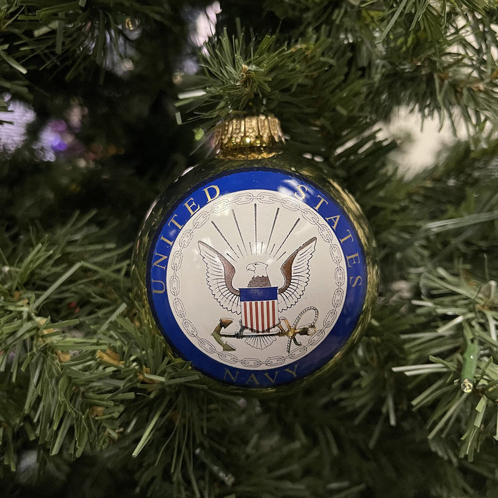 Christmas Tree Ornaments Made in the USA - 80mm / 3.25" Decorated Collectible Glass Balls from Christmas by Krebs - Handmade Hanging Holiday Decoration for Trees (USN Logo & Hymn)