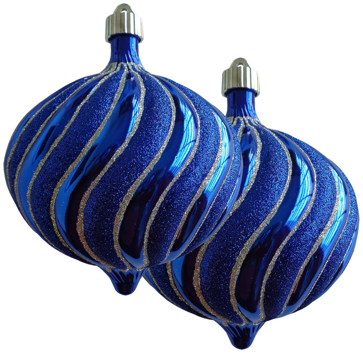 Christmas By Krebs 6" (150mm) Ornament [2 Pieces] Commercial Grade Indoor and Outdoor Shatterproof Plastic, Water Resistant Onion Shape Ornament Decorations (Azure Blue Onion with Glitter Swirls)