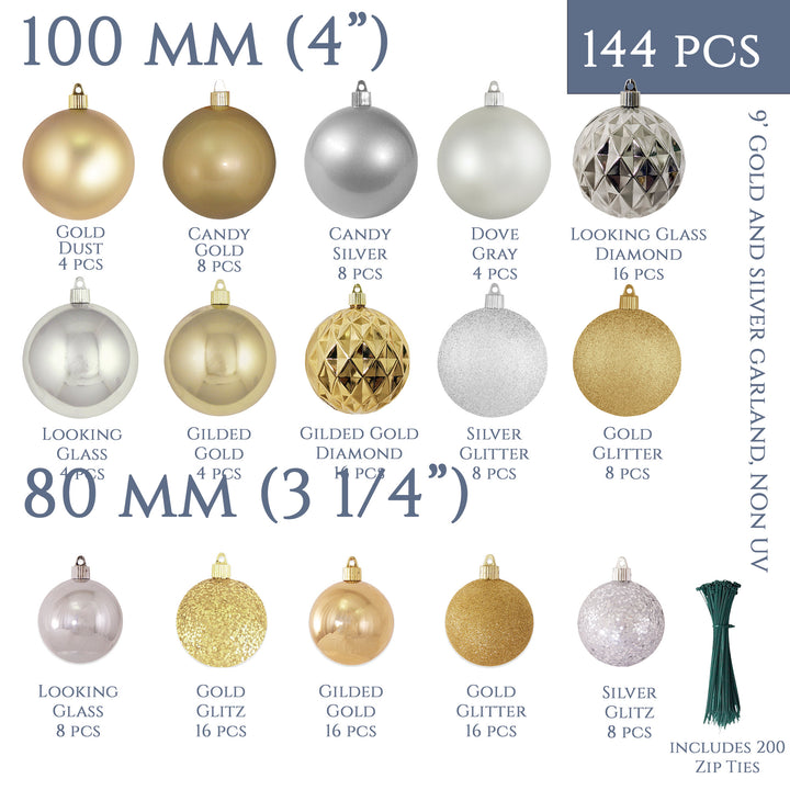 Christmas by Krebs Shatterproof Interior 9 Ft. Garland Decorating Kit - ORNAMENTS ONLY (Gold & Silver)