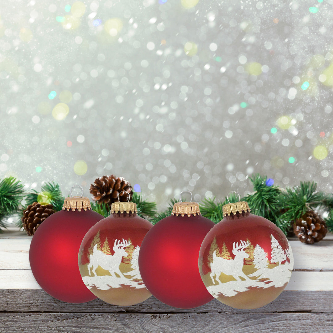 Glass Christmas Tree Ornaments - 67mm / 2.63" [8 Pieces] Designer Balls from Christmas By Krebs Seamless Hanging Holiday Decor (Ribbon Red with Winter Deer Scene)