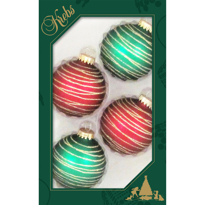 Glass Christmas Tree Ornaments - 67mm/2.63" [4 Pieces] Decorated Balls from Christmas by Krebs Seamless Hanging Holiday Decor (Red Velvet & Green Velvet with Tangles)