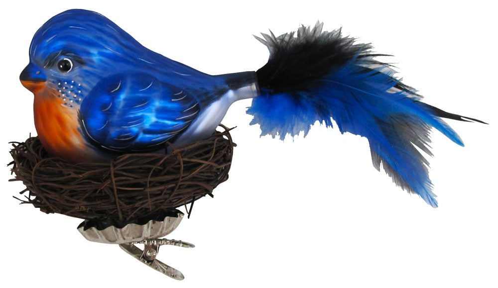 Christmas By Krebs Blown Glass  Collectible Tree Ornaments  (6" Blue Bird with Twig Nest)