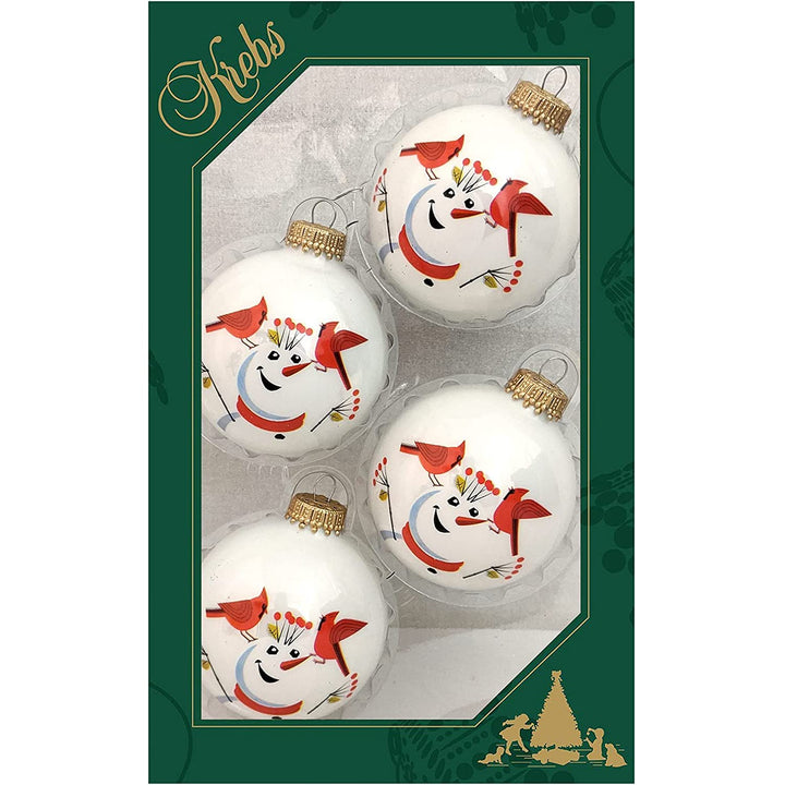 Glass Christmas Tree Ornaments - 67mm/2.625" [4 Pieces] Decorated Balls from Christmas by Krebs Seamless Hanging Holiday Decor (Porcelain White with Cardinals and Snowman)