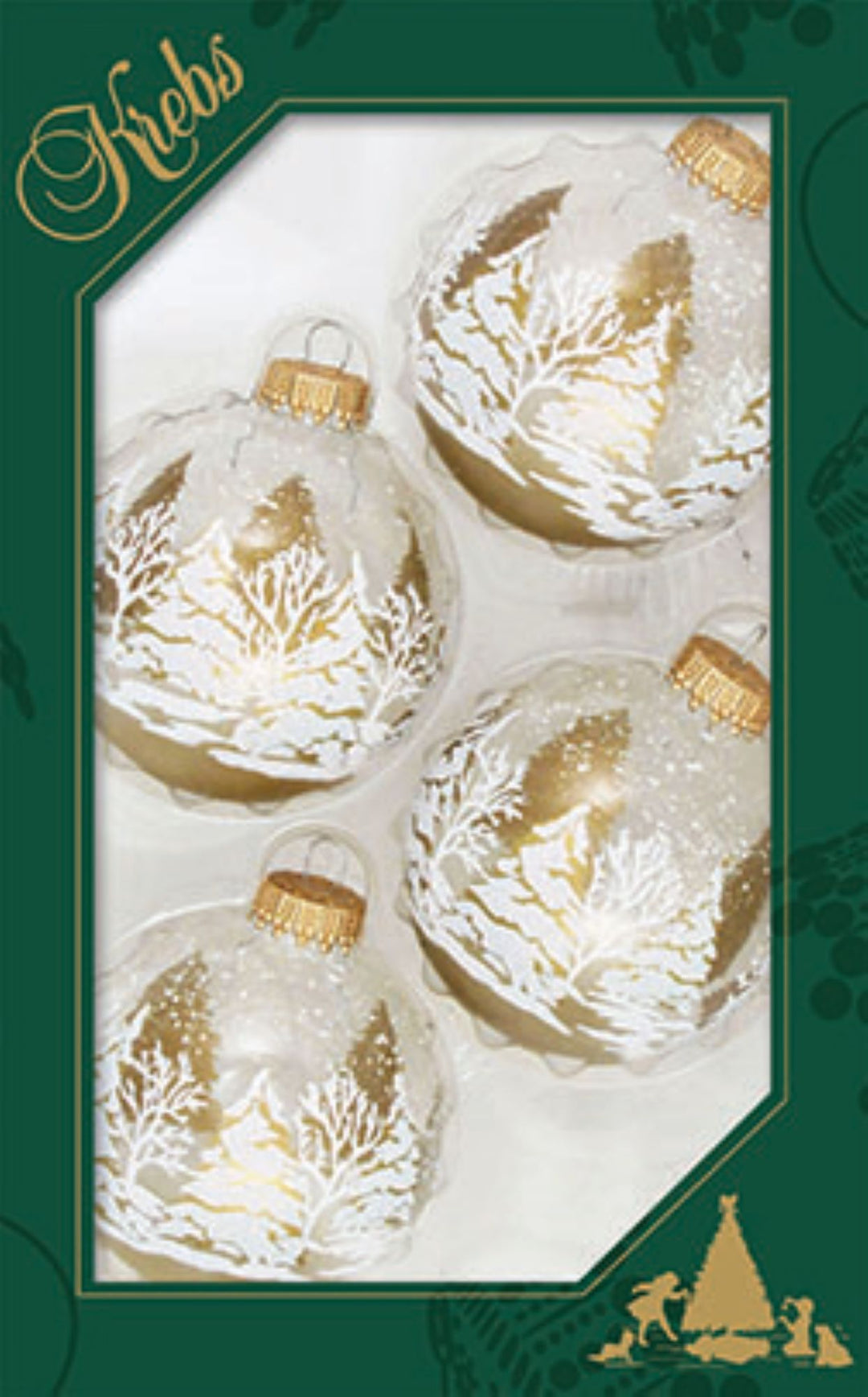 Glass Christmas Tree Ornaments - 67mm/2.63" [4 Pieces] Decorated Balls from Christmas by Krebs Seamless Hanging Holiday Decor (Clear with Gold & White Festive Trees)