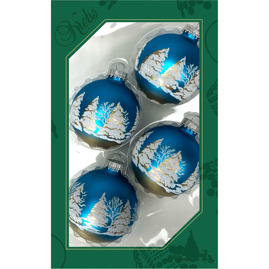 Glass Christmas Tree Ornaments - 67mm/2.625" [4 Pieces] Decorated Balls from Christmas by Krebs Seamless Hanging Holiday Decor (Turquoise Bliss Blue with Festive Trees)