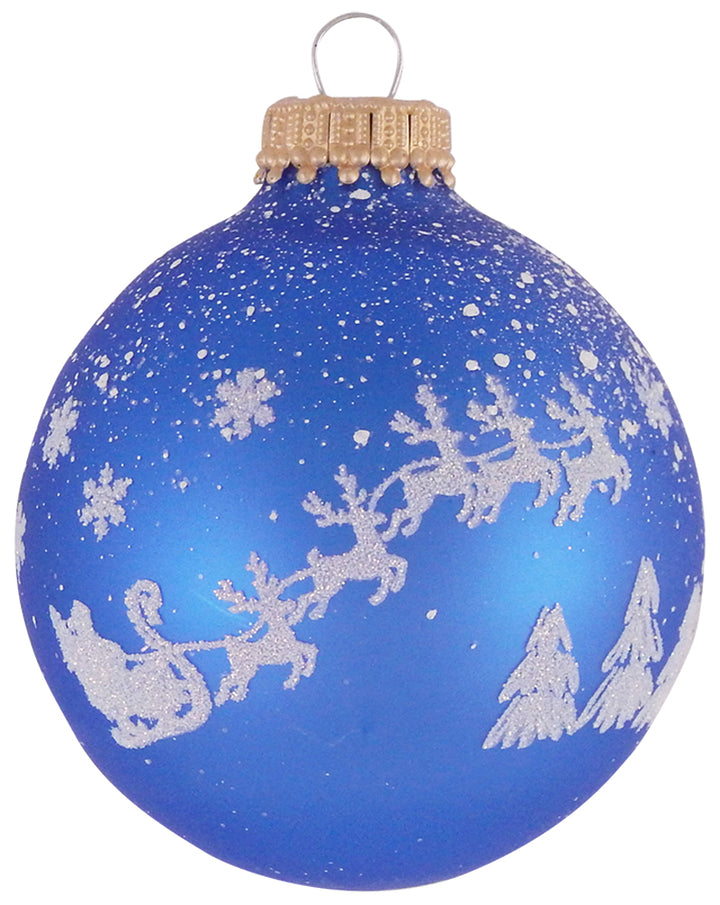 Glass Christmas Tree Ornaments - 67mm/2.63" [4 Pieces] Decorated Balls from Christmas by Krebs Seamless Hanging Holiday Decor (Classic Blue Shine with Santa Sleigh)