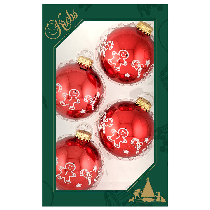 Glass Christmas Tree Ornaments - 67mm/2.625" [4 Pieces] Decorated Balls from Christmas by Krebs Seamless Hanging Holiday Decor (Christmas Red with White Gingerbread & Candy Canes)