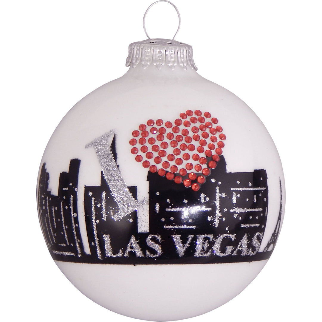 3 1/4" Pearl White "I Heart Las Vegas" City Skyline Glass Ornaments
