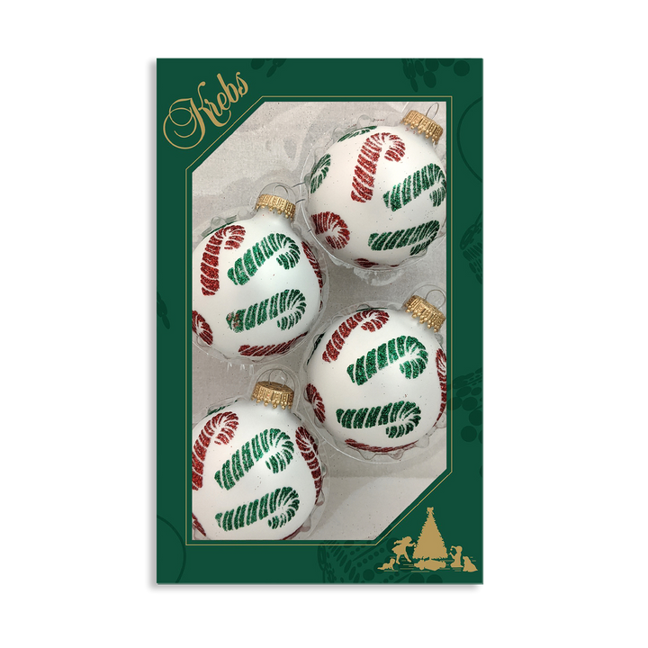 Glass Christmas Tree Ornaments - 67mm/2.63" [4 Pieces] Decorated Balls from Christmas by Krebs Seamless Hanging Holiday Decor (Classic White Velvet with Candy Canes)