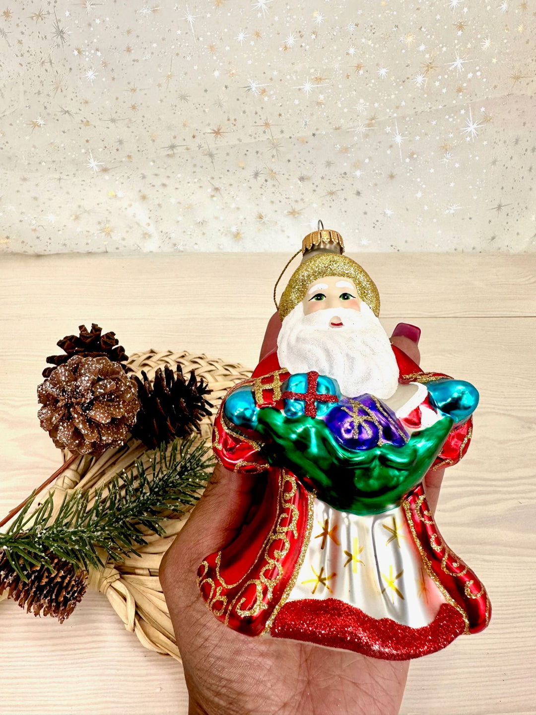 Christmas By Krebs Blown Glass  Collectible Tree Ornaments  (5" Santa with White Coat and Presents)
