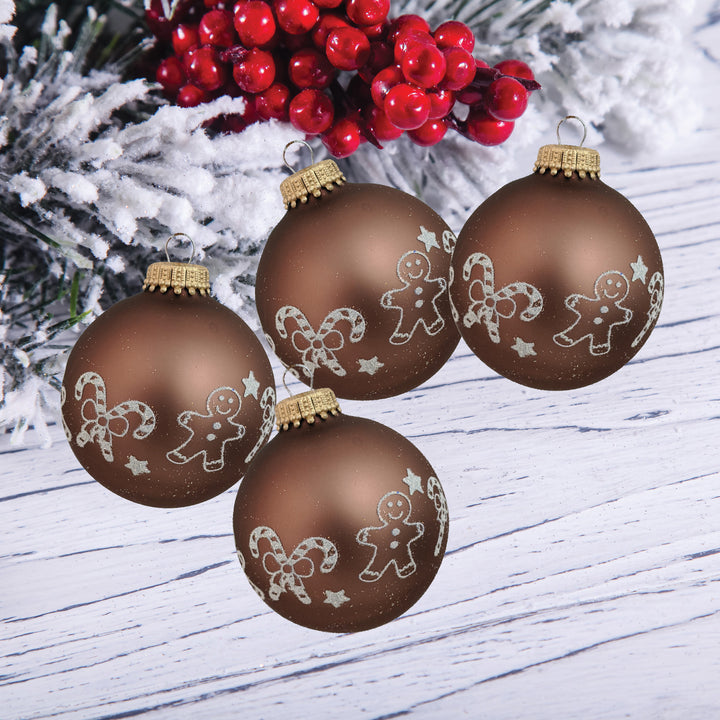 Glass Christmas Tree Ornaments - 67mm/2.625" [4 Pieces] Decorated Balls from Christmas by Krebs Seamless Hanging Holiday Decor (Coconut Brown with White Gingerbread & Candy Canes)