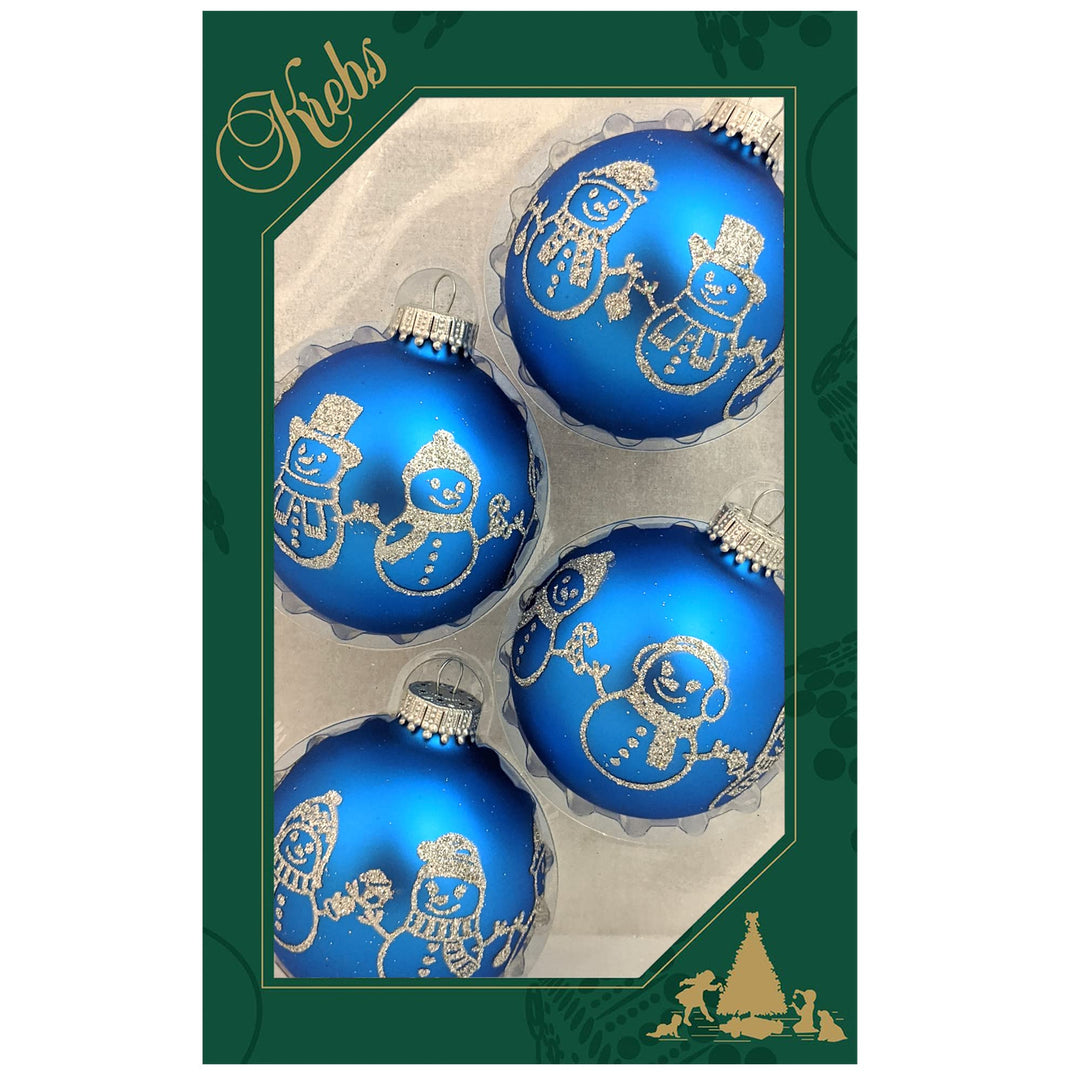 Glass Christmas Tree Ornaments - 67mm/2.625" [4 Pieces] Decorated Balls from Christmas by Krebs Seamless Hanging Holiday Decor (Classic Blue Velvet with Silver Glitter Snowman Band)