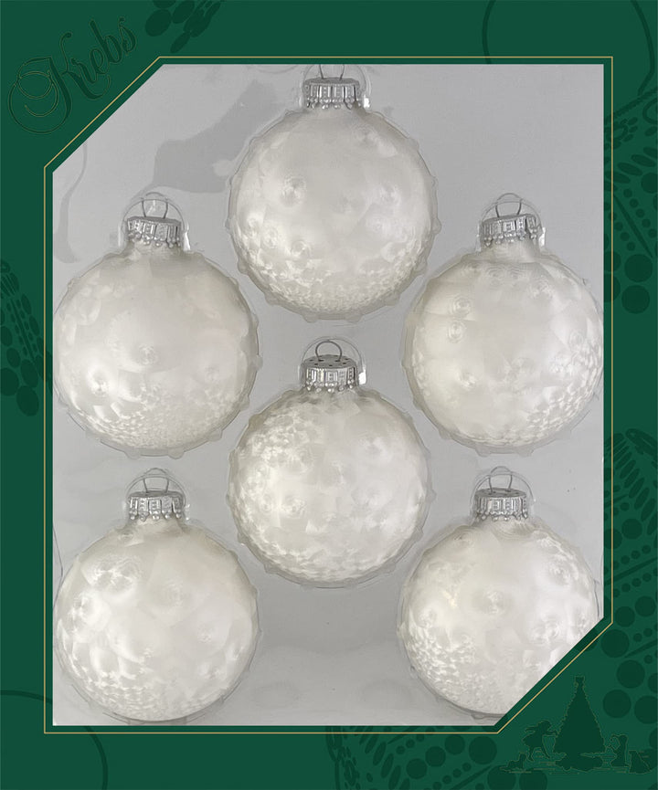 Christmas Tree Ornaments - 67mm / 2.625" [6 Pieces] Designer Glass Baubles from Christmas By Krebs - Handcrafted Seamless Hanging Holiday Decor for Trees (Pearl Icelock White)