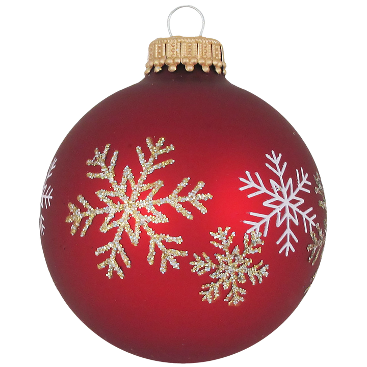 Glass Christmas Tree Ornaments - 67mm/2.63" [4 Pieces] Decorated Balls from Christmas by Krebs Seamless Hanging Holiday Decor (Christmas Red & Red Velvet Snowflakes)