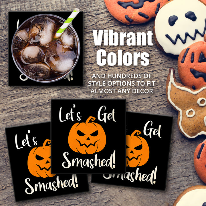 [Set of 4] 4" Premium Absorbent Ceramic Square Halloween Party Coaster - Black Cat Head