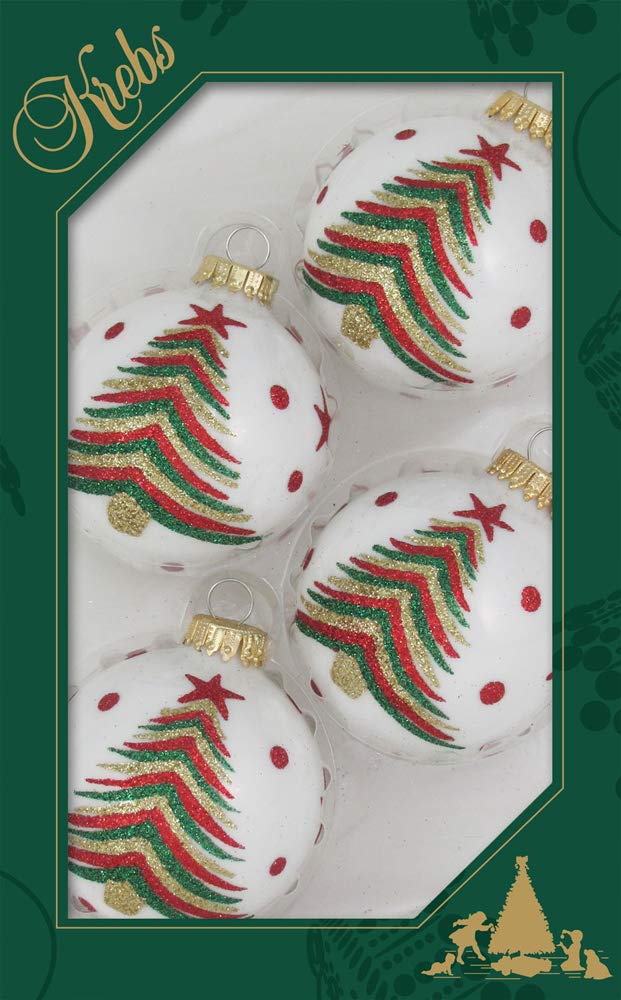 Glass Christmas Tree Ornaments - 67mm/2.63" [4 Pieces] Decorated Balls from Christmas by Krebs Seamless Hanging Holiday Decor (Porcelain White with Christmas Tree)