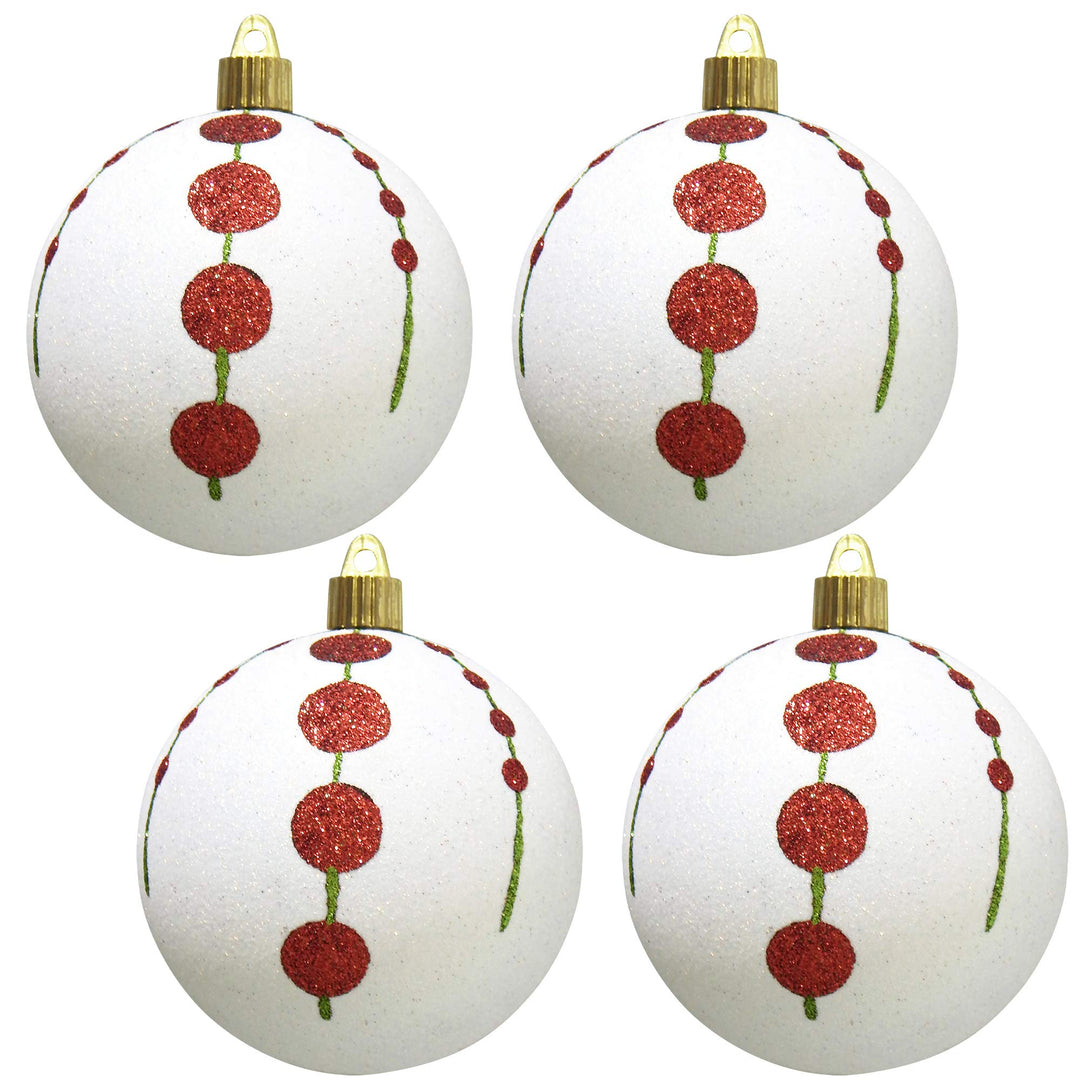 Christmas By Krebs 4" (100mm) Ornament [4 Pieces] Commercial Grade Indoor and Outdoor Shatterproof Plastic, Water Resistant Ball Decorated Ornaments (Snowball Glitter White with Hanging Dots)