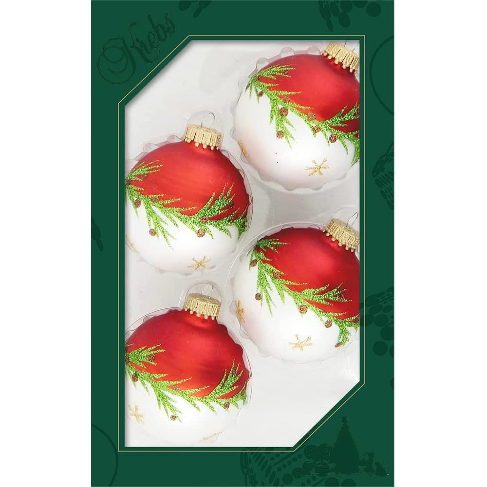 Glass Christmas Tree Ornaments - 67mm/2.63" [4 Pieces] Decorated Balls from Christmas by Krebs Seamless Hanging Holiday Decor (Red Velvet and Silver Pearl with Pine Branches)