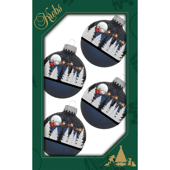 Glass Christmas Tree Ornaments - 67mm/2.63" [4 Pieces] Decorated Balls from Christmas by Krebs Seamless Hanging Holiday Decor (Midnight Haze Blue with Spirit of Christmas)