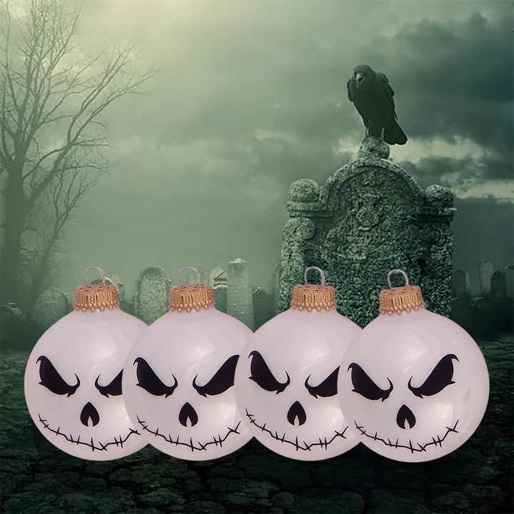 Halloween Tree Ornaments - 67mm/2.625" Decorated Glass Balls from Christmas by Krebs - Handmade Seamless Hanging Holiday Decorations for Trees - Set of 4 (Porcelain White with Scary Face #2)
