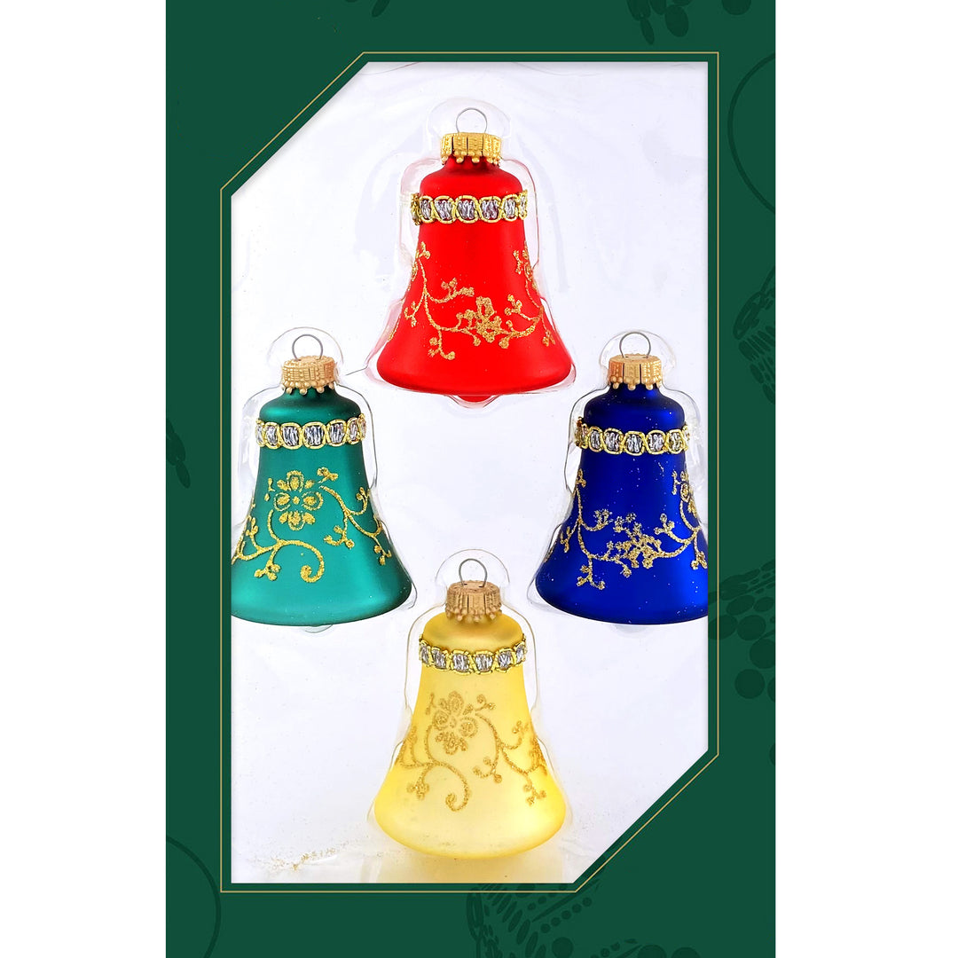 Glass Christmas Tree Ornaments - 67mm/2.625" [4 Pieces] Decorated Balls from Christmas by Krebs Seamless Hanging Holiday Decor (Red, Gold, Navy & Green 3" Bell w/ Glitterlace & Braid)