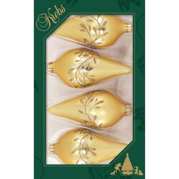 Glass Christmas Tree Ornaments - 67mm/2.63" [4 Pieces] Decorated Balls from Christmas by Krebs Seamless Hanging Holiday Decor (Gold Velvet 4" Drop with Leaves)
