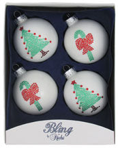 2 5/8" Porcelain White Balls with Rhinestone Tree & Candy Cane - 4 Pieces
