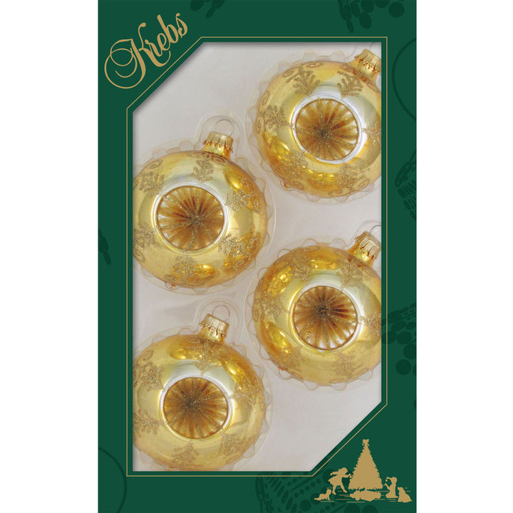 Glass Christmas Tree Ornaments - 67mm/2.625" [4 Pieces] Decorated Balls from Christmas by Krebs Seamless Hanging Holiday Decor (Aztec Gold Round Reflector)