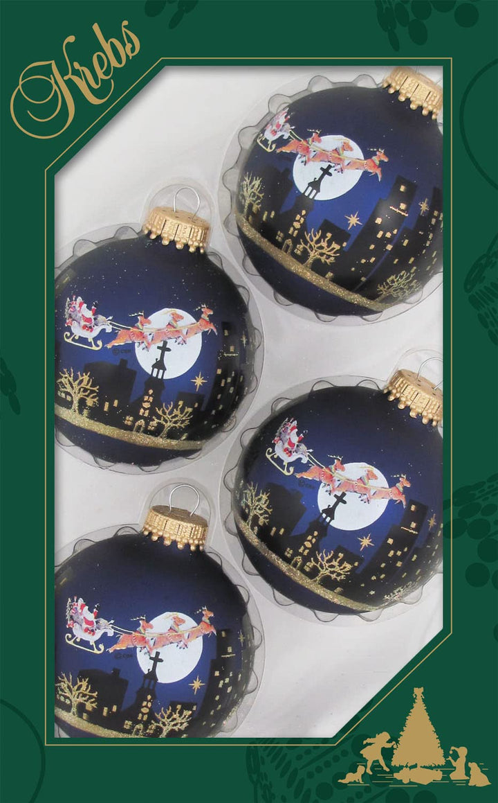 Glass Christmas Tree Ornaments - 67mm/2.63" [4 Pieces] Decorated Balls from Christmas by Krebs Seamless Hanging Holiday Decor (Velvet Blue with Night Before Christmas)