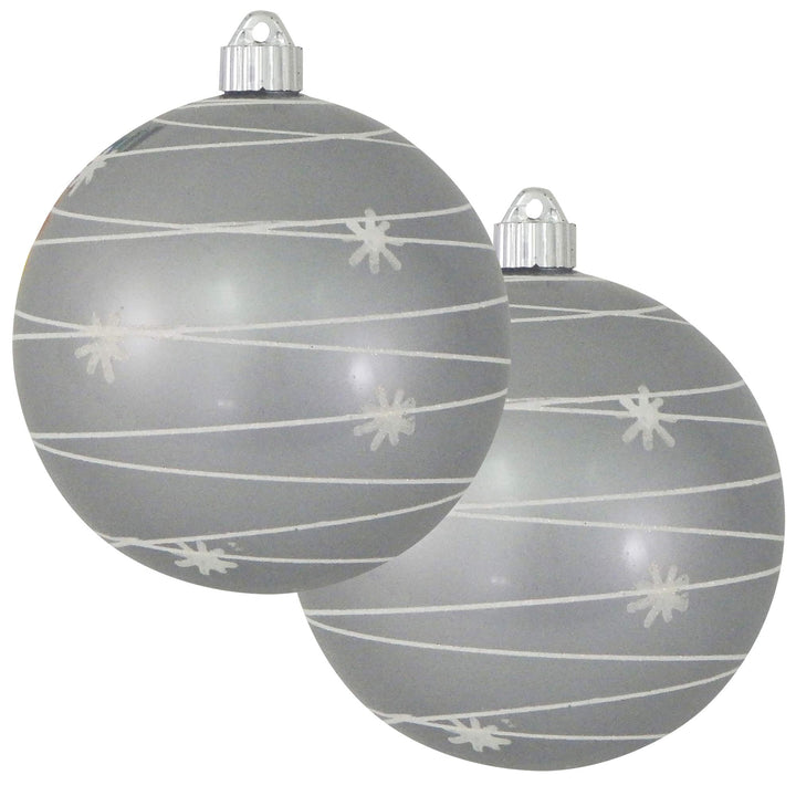 Christmas By Krebs 6" (150mm) Ornament, [2 Pieces], Commercial Grade Indoor and Outdoor Shatterproof Plastic, Water Resistant Decorated Ball Shape Ornament Decorations (Candy Silver with Tangle Stars)