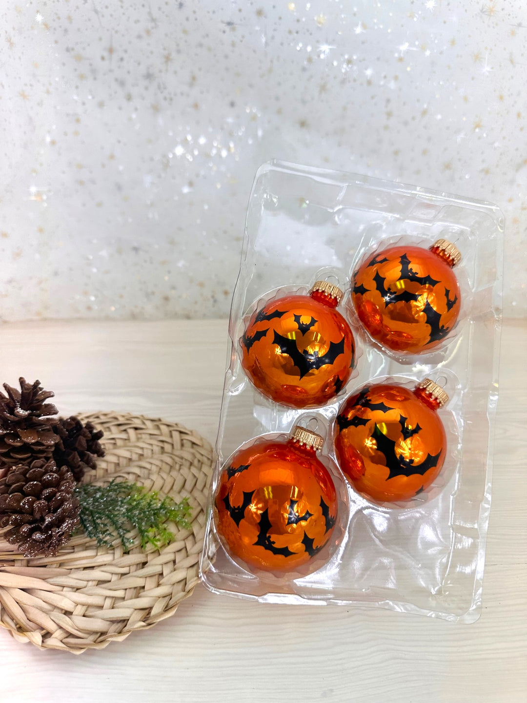 Halloween Tree Ornaments - 67mm/2.625" Decorated Glass Balls from Christmas by Krebs - Handmade Seamless Hanging Holiday Decorations for Trees - Set of 4 (Shiny Orange Crush with Bats)