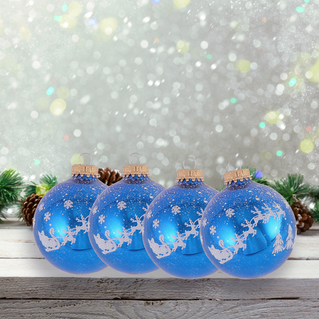 Glass Christmas Tree Ornaments - 67mm/2.63" [4 Pieces] Decorated Balls from Christmas by Krebs Seamless Hanging Holiday Decor (Classic Blue Shine with Santa Sleigh)