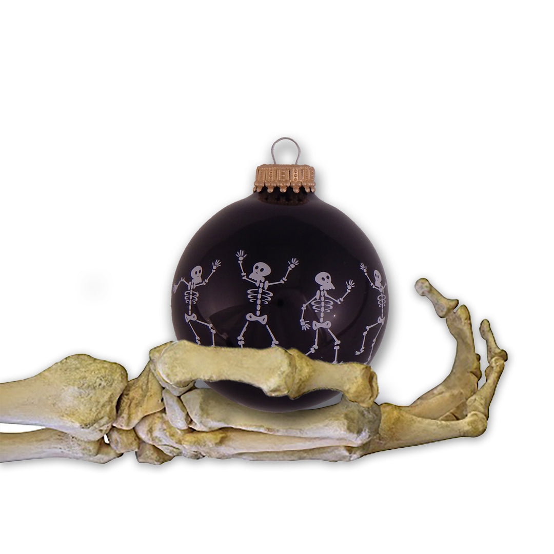 Halloween Tree Ornaments - 67mm/2.625" Decorated Glass Balls from Christmas by Krebs - Handmade Seamless Hanging Holiday Decorations for Trees - Set of 4 (Shiny Ebony Black with Dancing Skeletons)