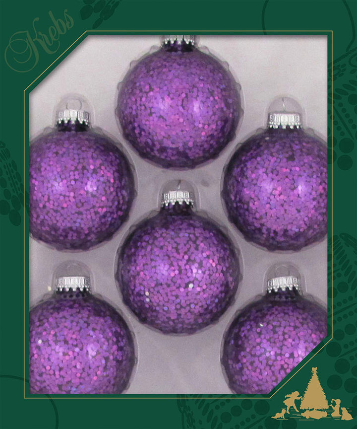 Glass Christmas Tree Ornaments - 67mm / 2.63" [6 Pieces] Designer Balls from Christmas By Krebs Seamless Hanging Holiday Decor (Amethyst Purple Spangle)