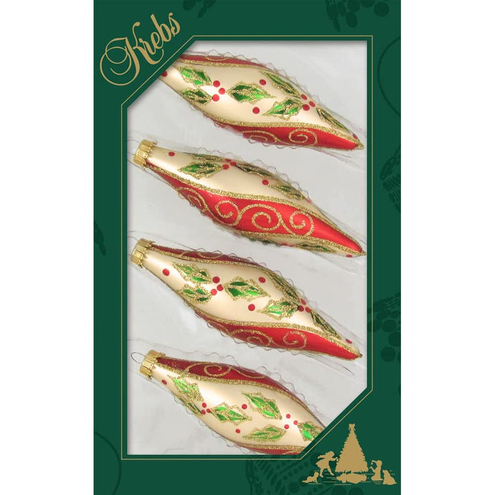 Glass Christmas Tree Ornaments - 67mm/2.63" [4 Pieces] Decorated Balls from Christmas by Krebs Seamless Hanging Holiday Decor (Chiffon Gold 4" Finial with Holly & Scrolls)