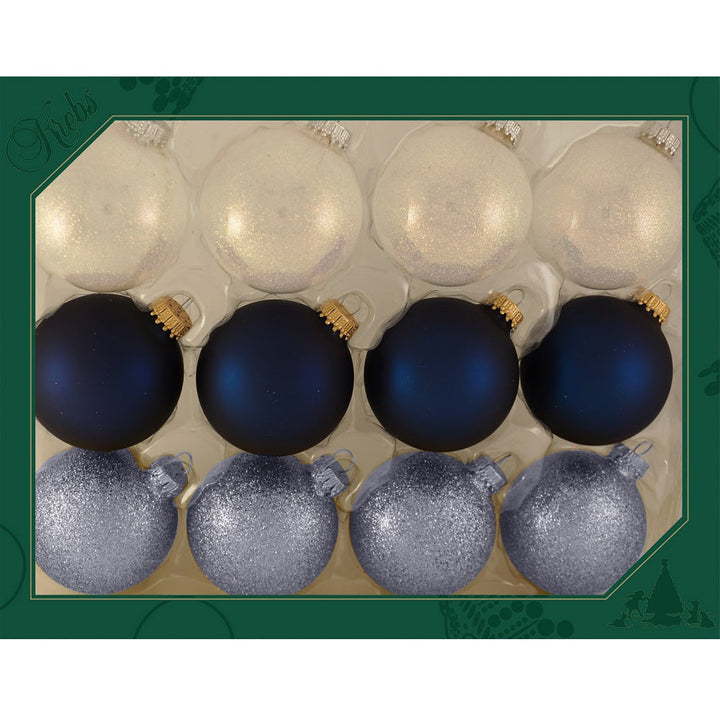 Glass Christmas Tree Ornaments - 67mm/2.63" Designer Balls from Christmas by Krebs - Seamless Hanging Holiday Decorations for Trees - Set of 12 Ornaments (Sparkle White Dark Blue & Glitter Light Blue)