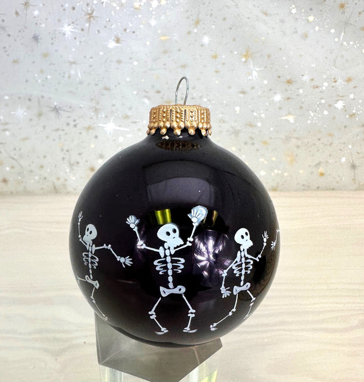 Halloween Tree Ornaments - 67mm/2.625" Decorated Glass Balls from Christmas by Krebs - Handmade Seamless Hanging Holiday Decorations for Trees - Set of 4 (Shiny Ebony Black with Dancing Skeletons)