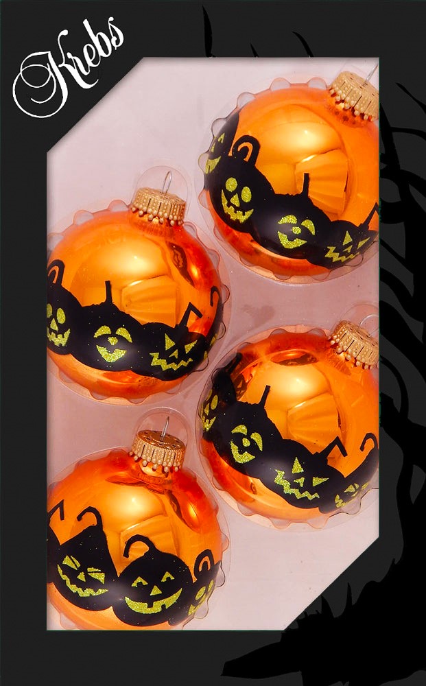 Halloween Tree Ornaments - 67mm/2.625" Decorated Glass Balls from Christmas by Krebs - Handmade Seamless Hanging Holiday Decorations for Trees - Set of 4 (Shiny Orange Crush with Jack-O-Lanters)