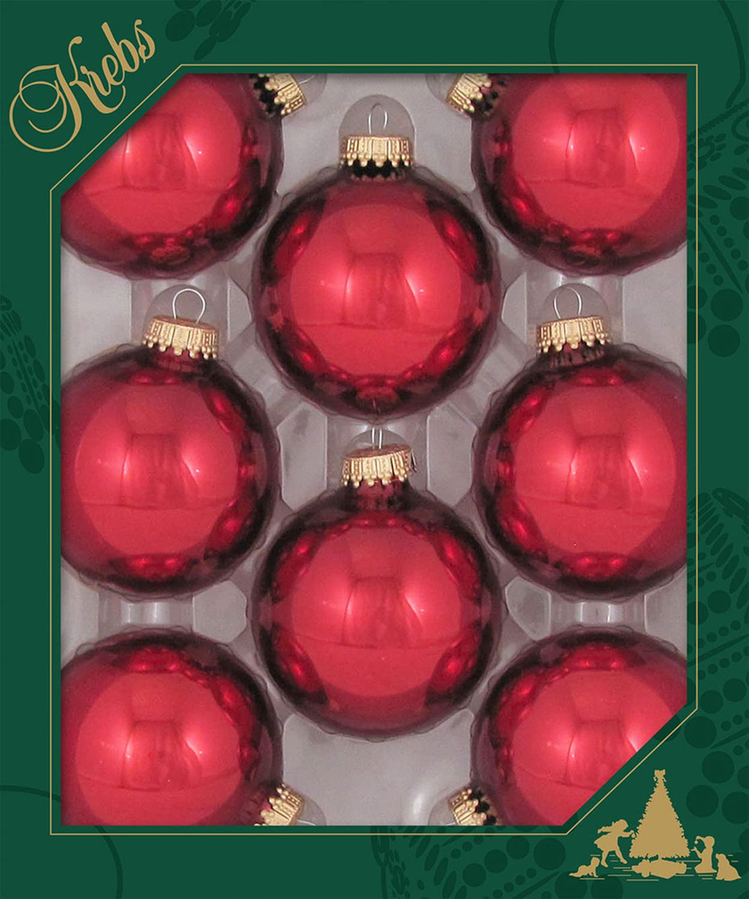 Christmas Tree Ornaments - 67mm / 2.625" [8 Pieces] Designer Glass Baubles from Christmas By Krebs - Handcrafted Seamless Hanging Holiday Decor for Trees (Shiny December Red)