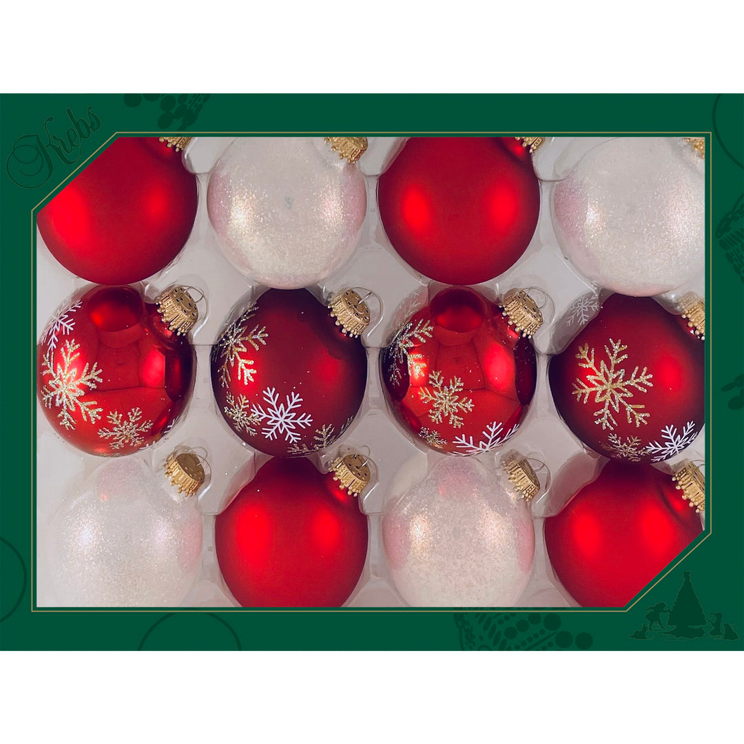 Glass Christmas Tree Ornaments - 67mm/2.63" Designer Balls from Christmas by Krebs - Seamless Hanging Holiday Decorations for Trees - Set of 12 Ornaments (Red and White with Basic Flakes)