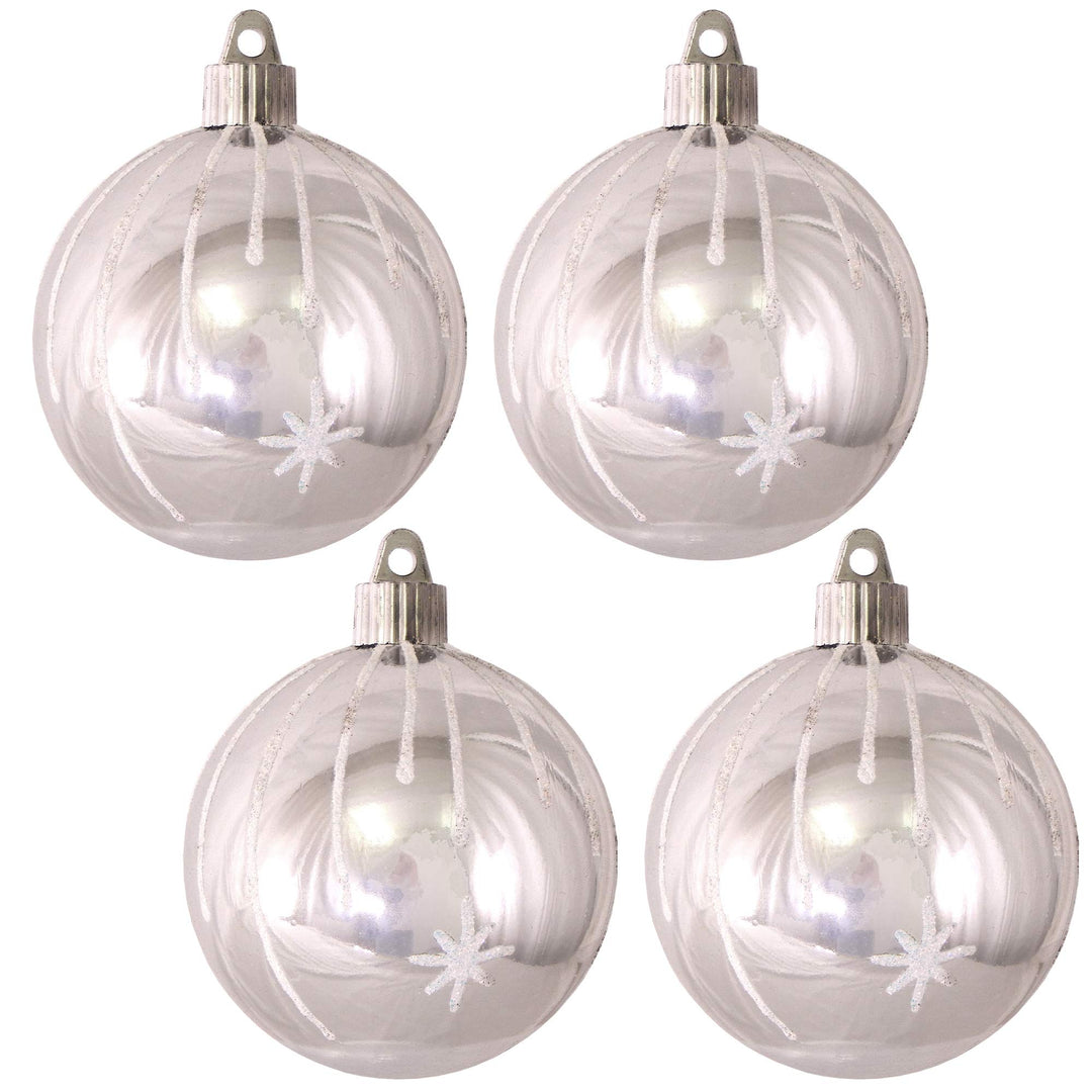 Christmas By Krebs 3 1/4" (80mm) Ornament [4 Pieces] Commercial Grade Indoor and Outdoor Shatterproof Plastic, Water Resistant Ball Shape Ornament Decorations (Silver with Stars)